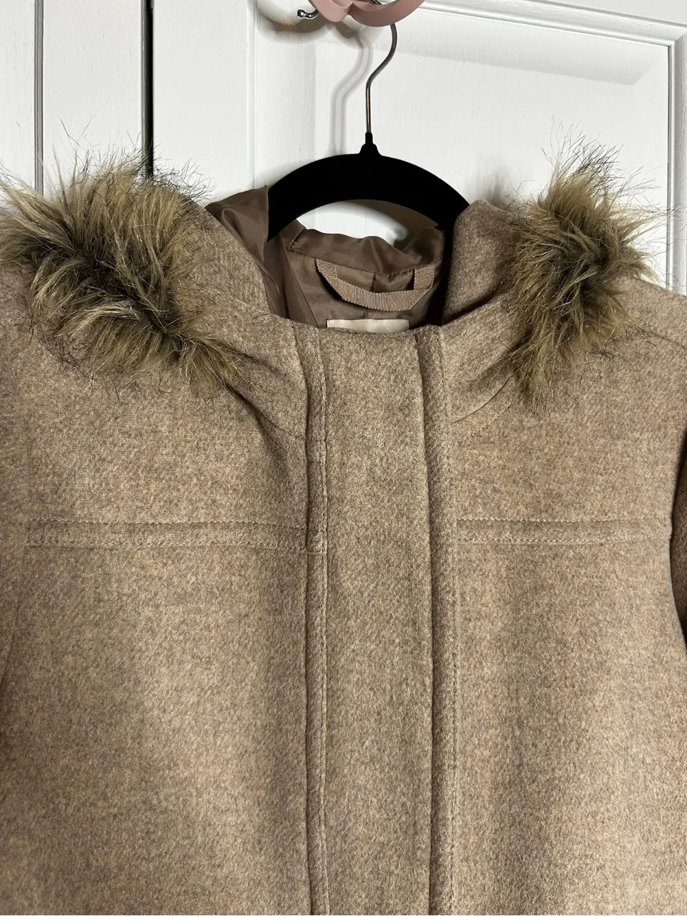 J. Crew Taupe Hooded Wool-Blend Trench Coat with Faux Fur Trim